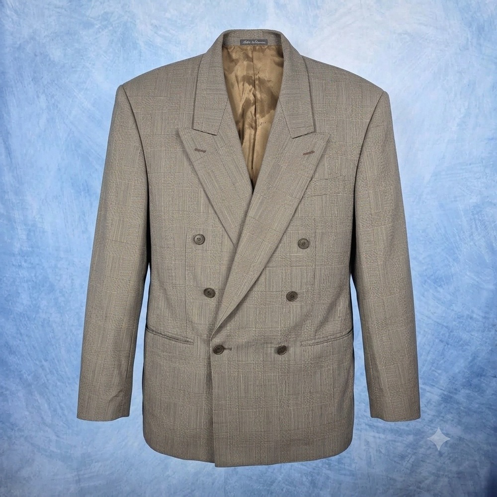 Yves Saint Laurent Mens Double Breasted Blazer Glen Plaid Wool Tan Brown 46R
